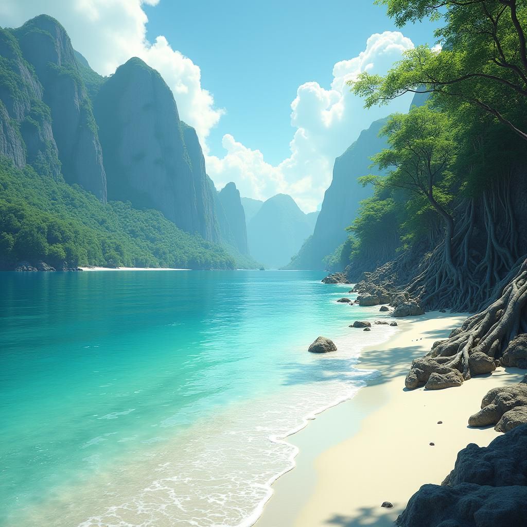 Turquoise Ocean Meets Emerald Mountains: Fantasy Concept Art
