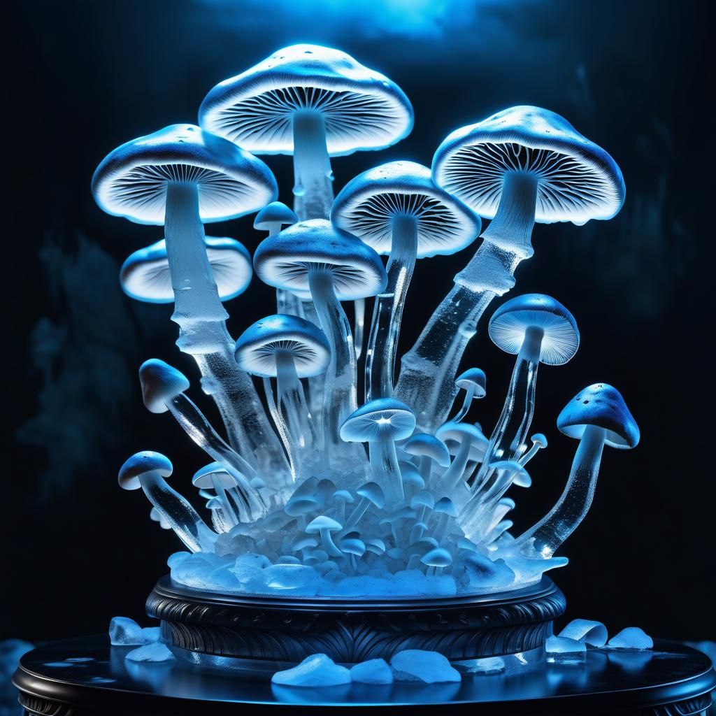 Intricate Ice Mushroom Sculpture with Blue Light