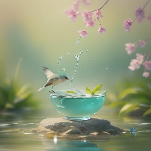 Whimsical Watercolor Bird Bath in Sunlight