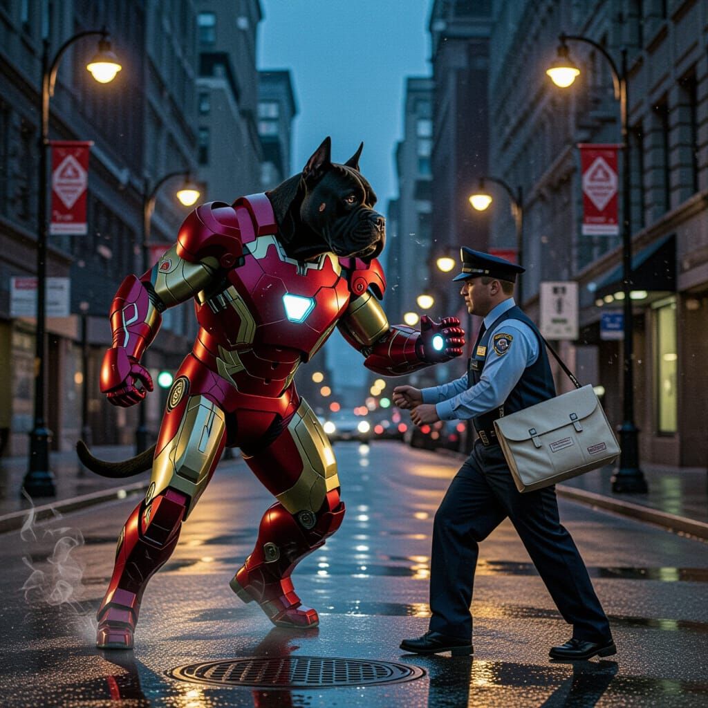 Iron Man Dog Battles Postman in Cinematic Cityscape