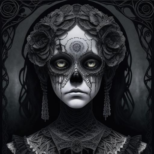 Eerie Portrait of Girl with Doll in Pen and Ink Style