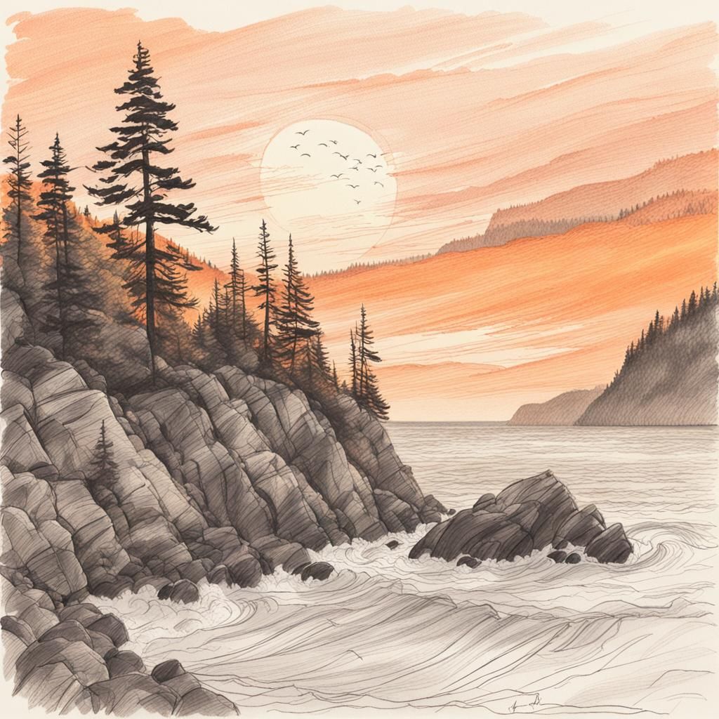 Serene Coastal Landscape in Pencil Sketch Style
