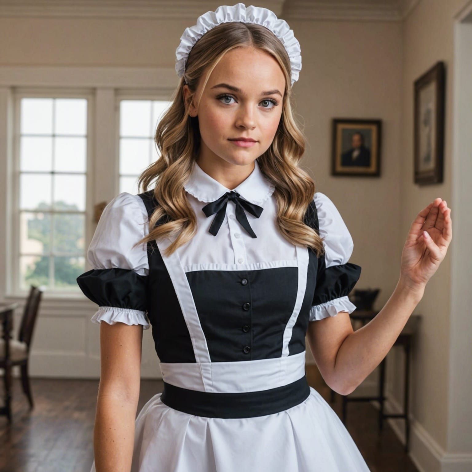 Giantess Madison Iseman wearing a maid outfit