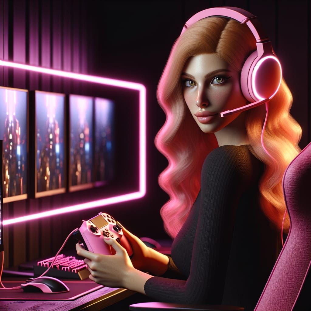 Gamer Girl with Pink Headset at Multi-Screen Setup