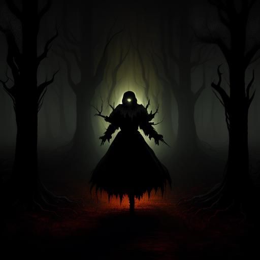 Wooden Figures Flee a Dark Fantasy Horror Forest