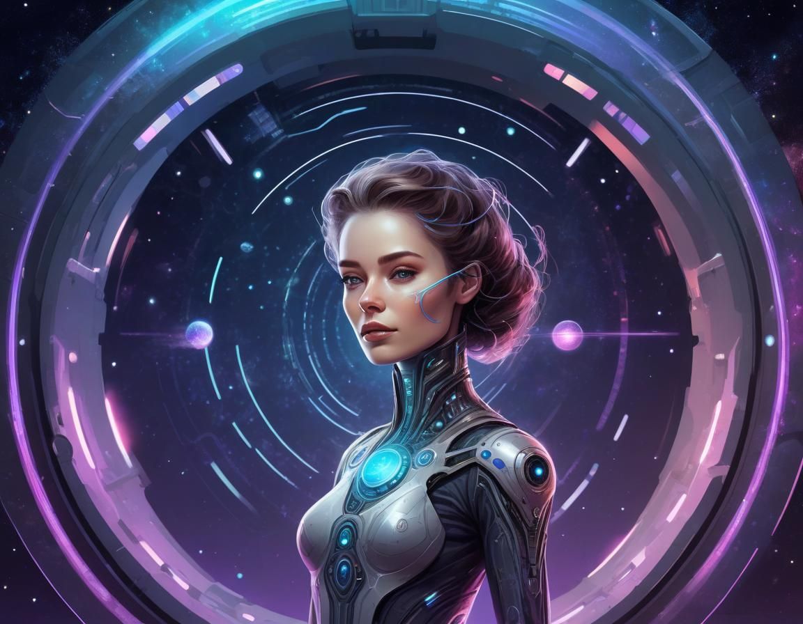 Futuristic Android Woman in Laboratory, Digital Illustration