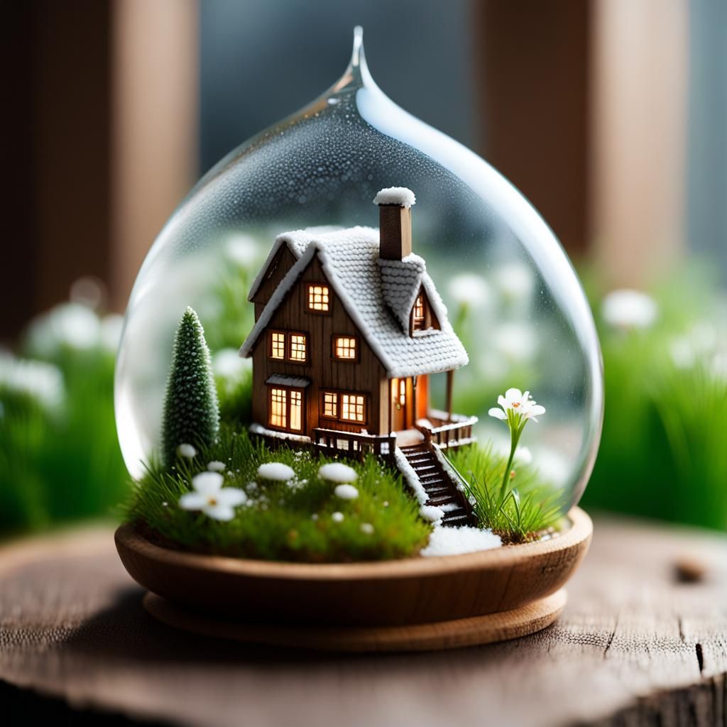 Miniature Christmas House in Frosty Water Drop