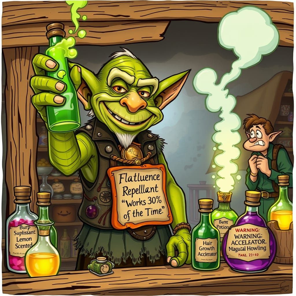 Mischievous Goblin Potion Vendor in Whimsical Fantasy Market...