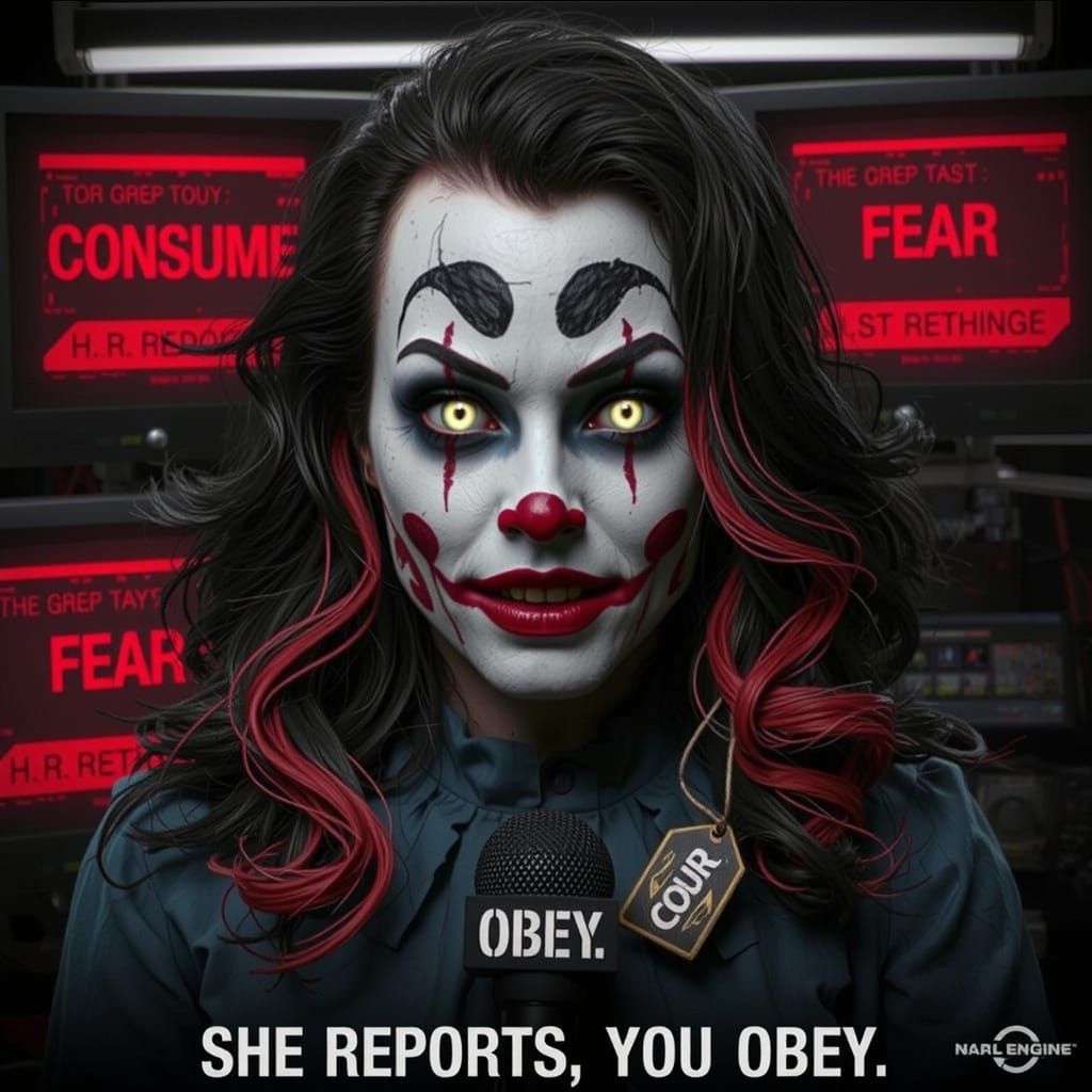 Terrifying Clown Journalist in Horror Propaganda Style