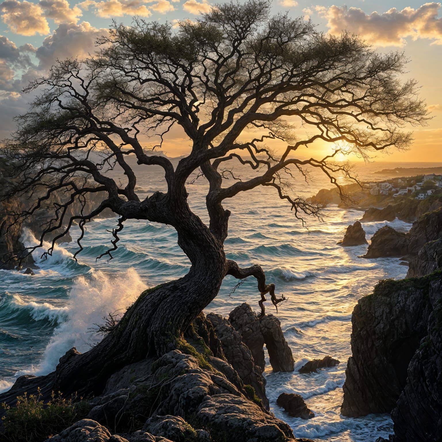 Windswept Oak Tree on Ocean Cliffs at Sunset