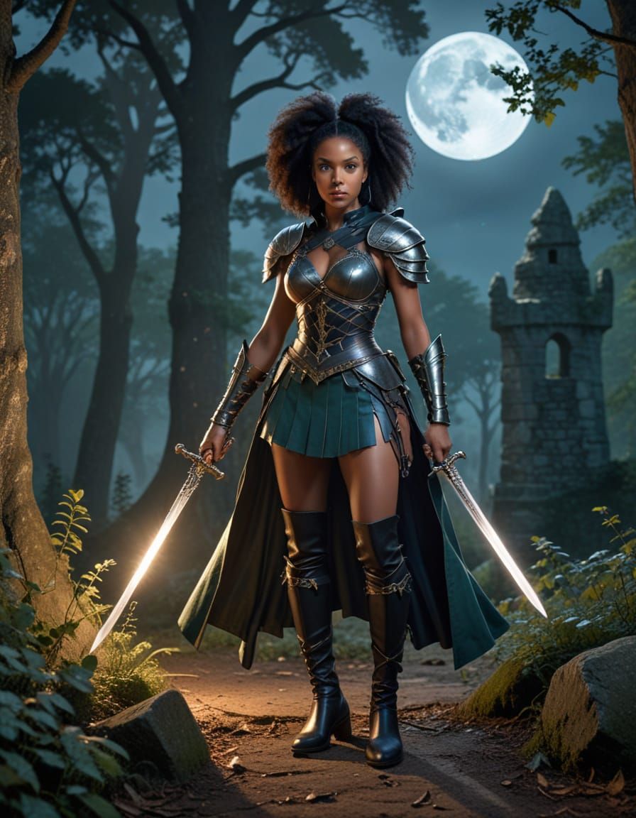 Black Woman Warrior in Forest Ruins