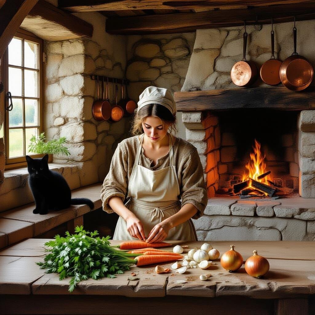 Medieval Kitchen Scene with Woman and Cat