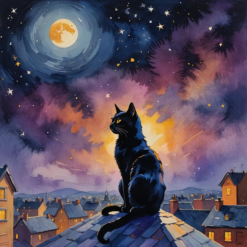 Black Cat Under Moonlight: Gouache Impressionist Painting