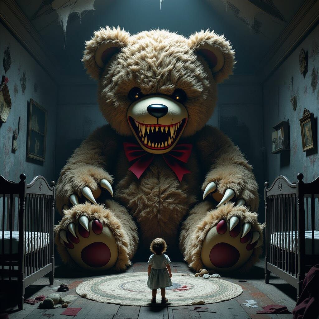 Gothic Nursery Terror: Giant Teddy Bear Threatens Child