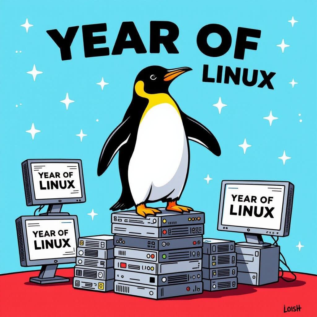 Penguin on Server Pyramid, Hand-Drawn Style