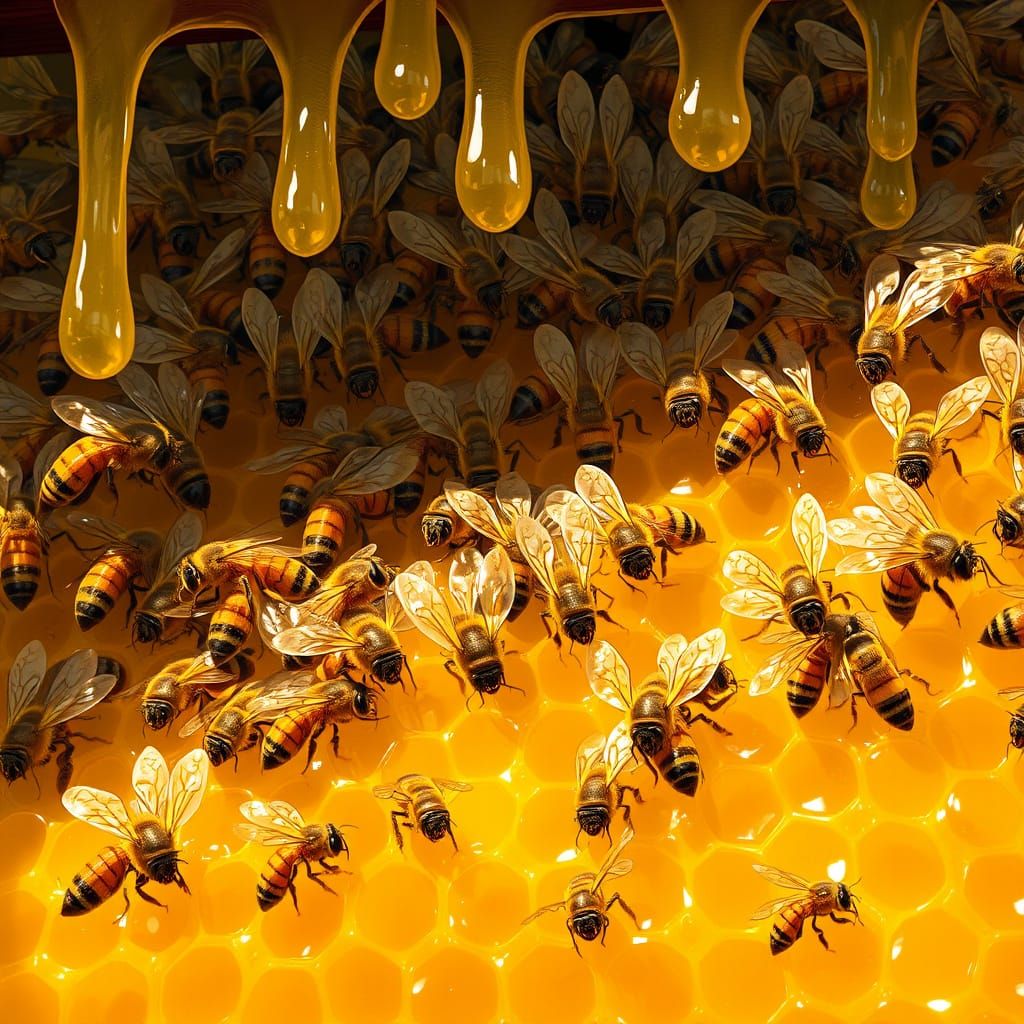 Bees with Human Faces Drowning in Honey