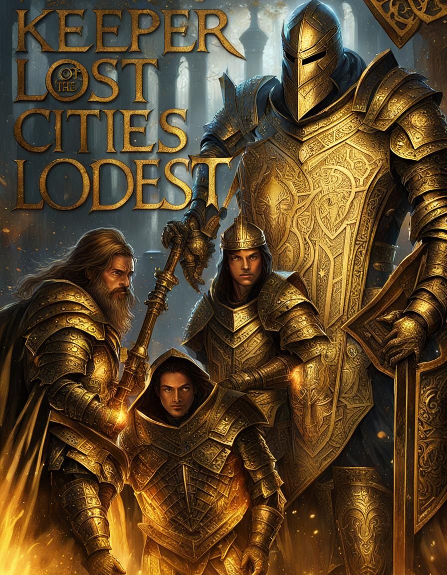 Ornate Armored Figures Behind Shield in High Fantasy Style