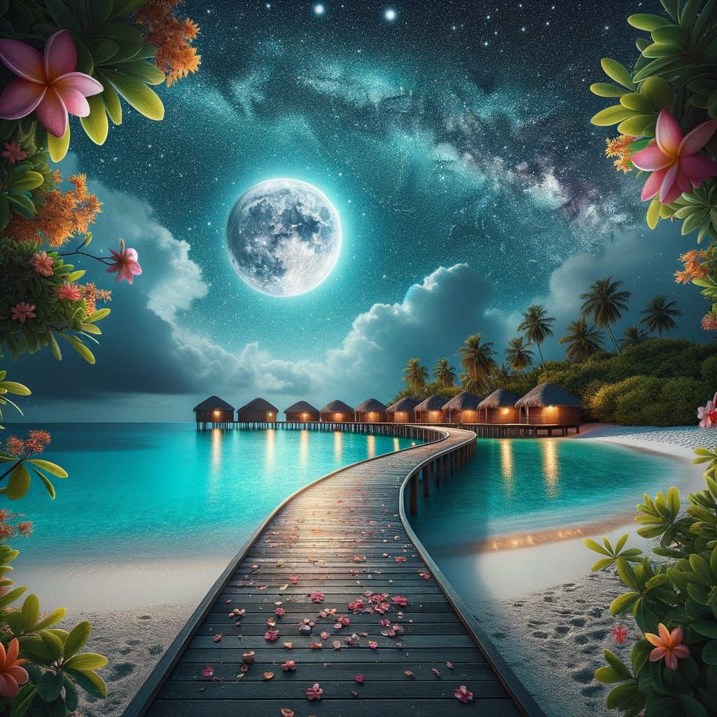 Tropical Night Beach with Moonlit Walkway