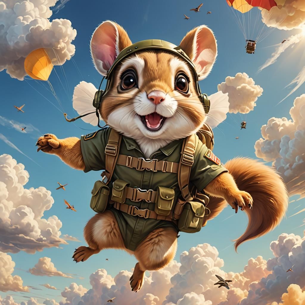 Flying Squirrel Soaring Through Cloudy Sky