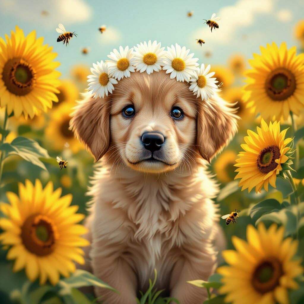 Golden Retriever Puppy in Sunflower Field