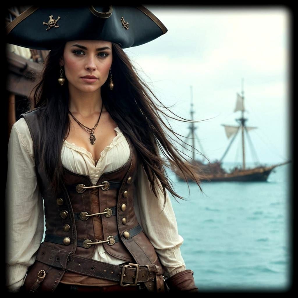Young Female Pirate on Deck of Sailing Ship