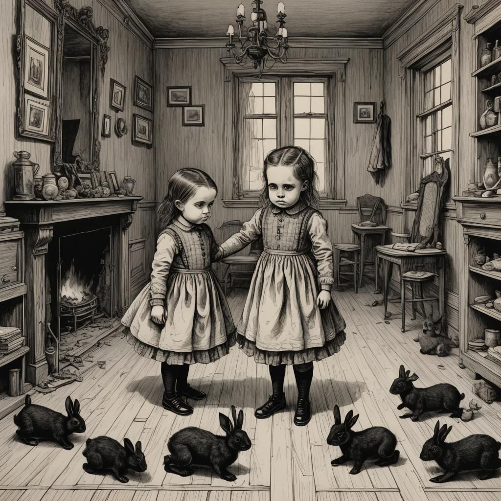 Angry Toddlers in Victorian Parlour, Gorey Style