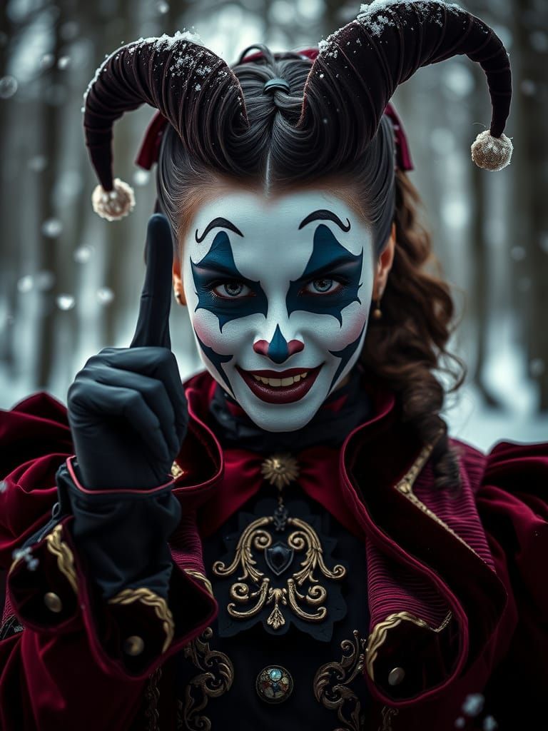 Harlequin Woman's Sinister Smile in Winter Forest