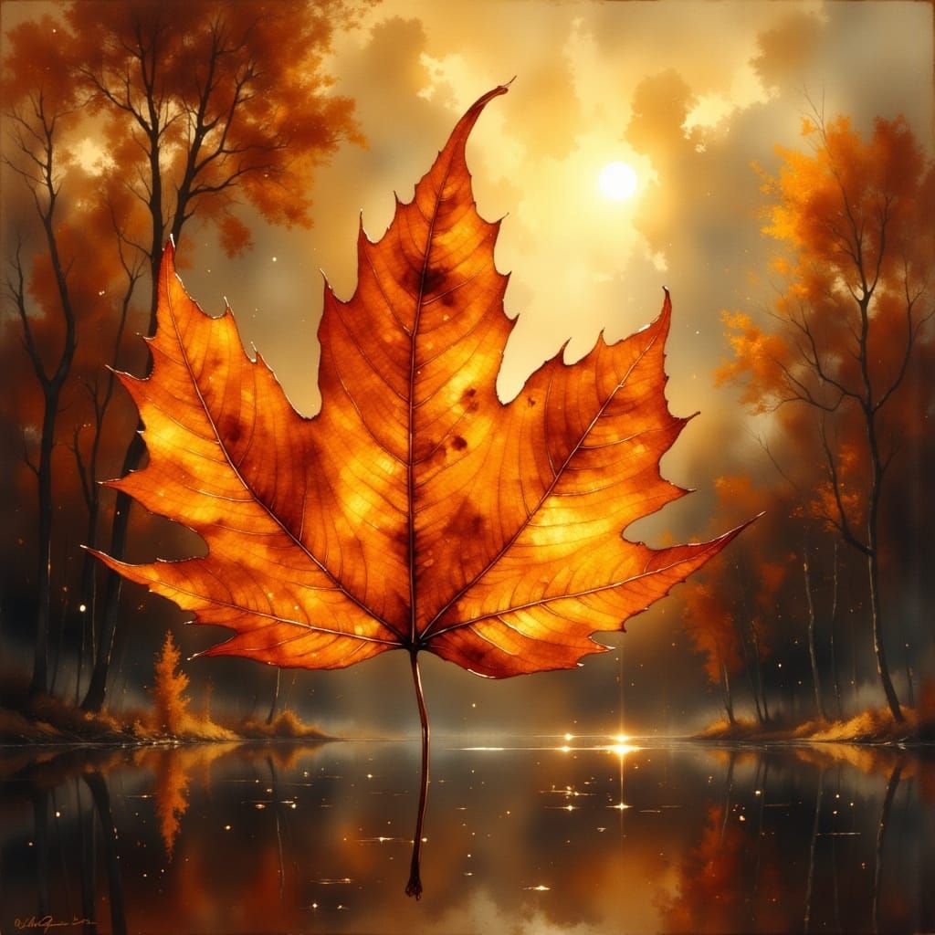 Perfect Autumn Leaf in Fantastical Sky, Painterly Style