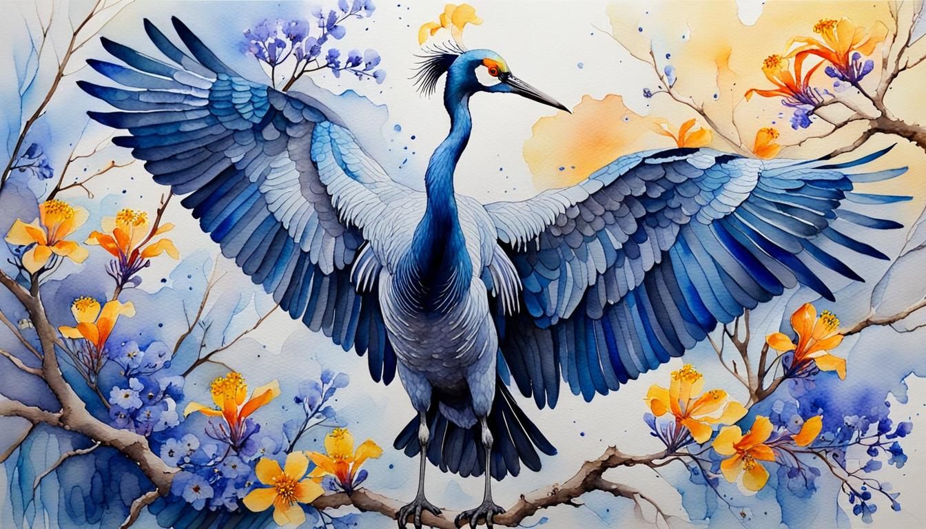 Surreal Blue Crane Watercolor Amidst Vibrant Jacaranda Bloom...