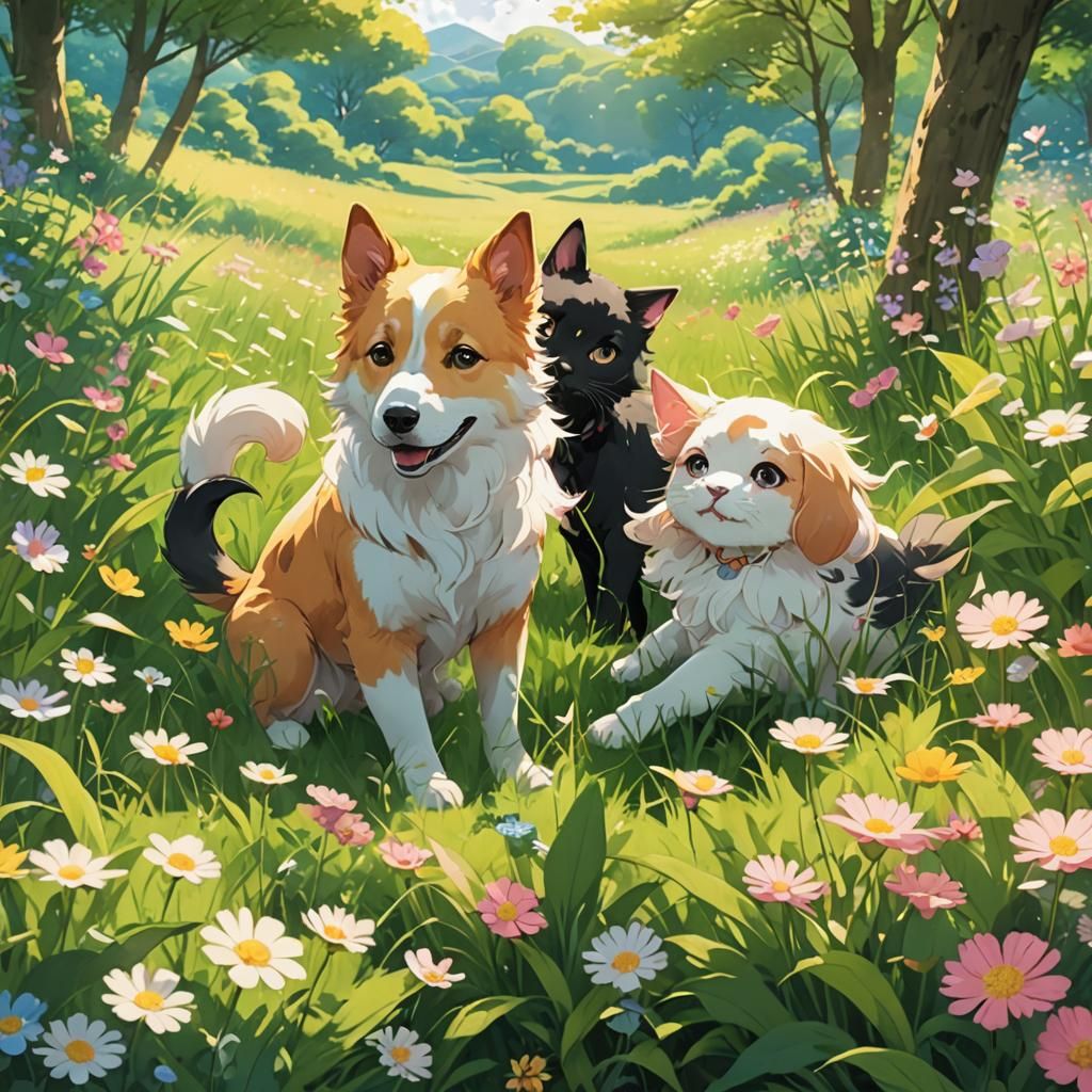 Dog and Cat Play in Sunny Anime Meadow