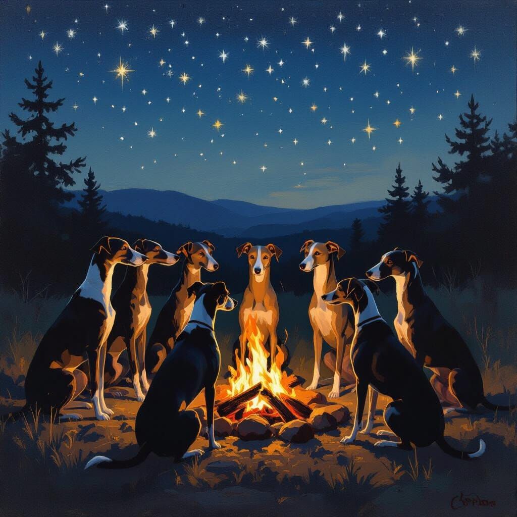Whippets Gather Around Campfire in Oil Painting Style
