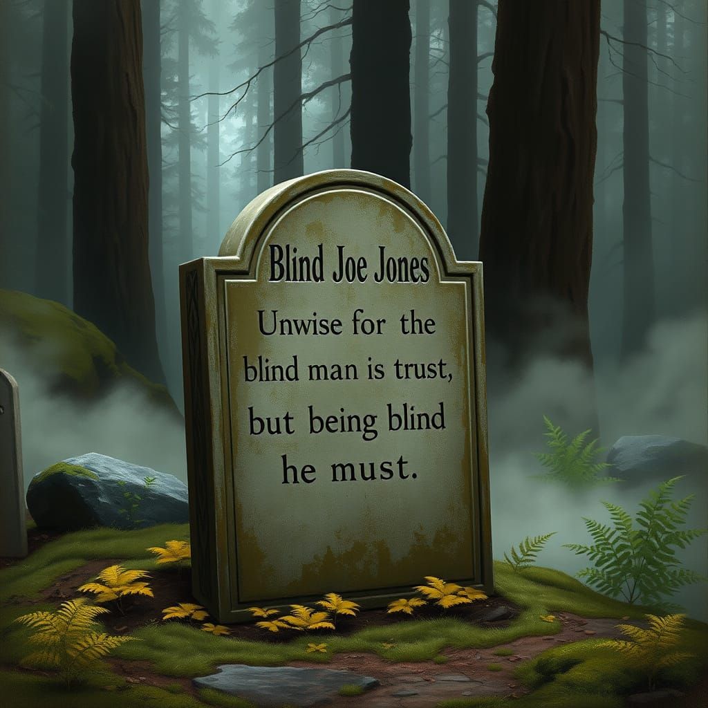 Weathered Tombstone in a Misty Forest Landscape