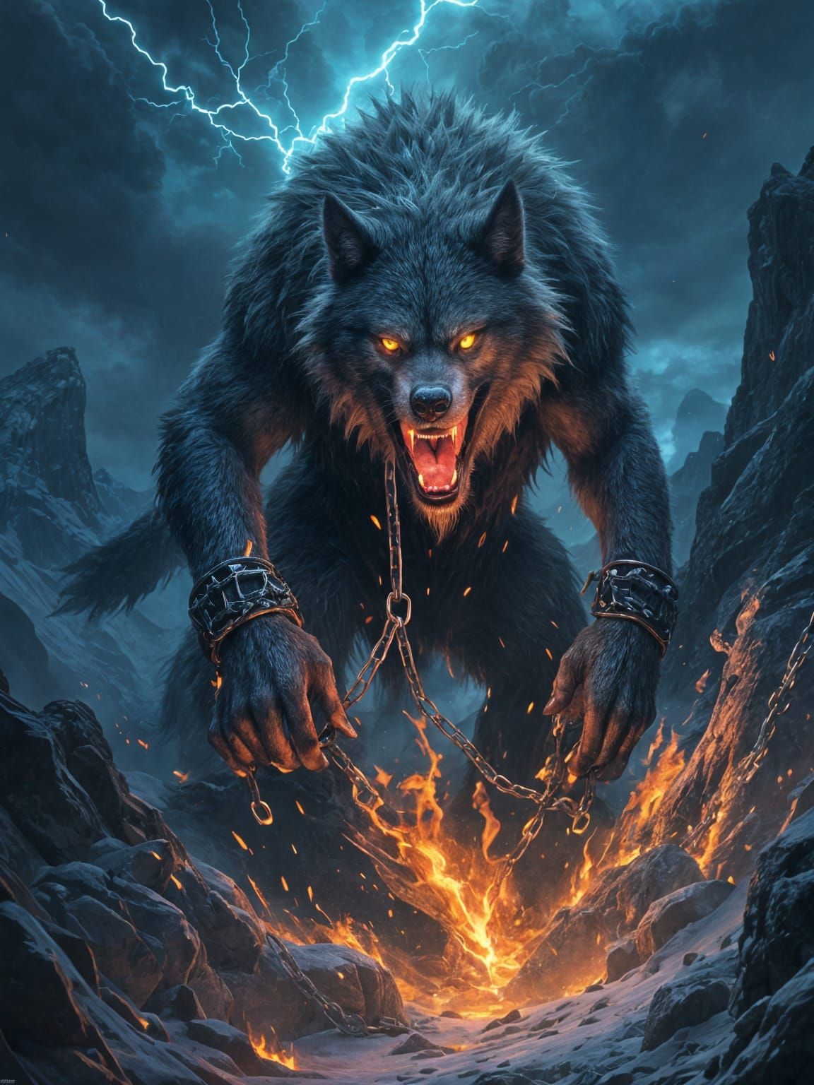 Giant Fenrir Emerges from Mountains in Apocalyptic Illustrat...