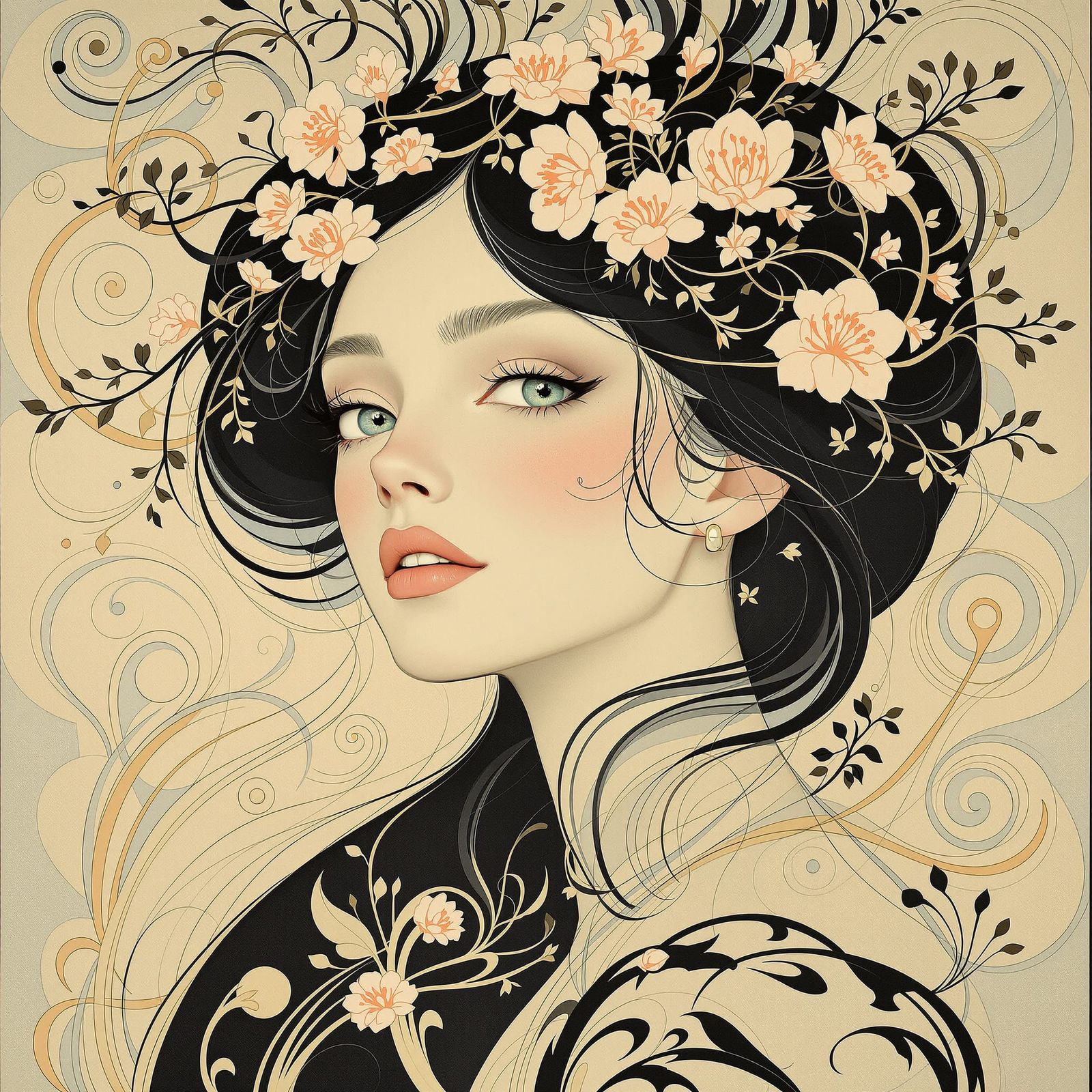 Art Nouveau Portrait of Woman with Irises and Vines