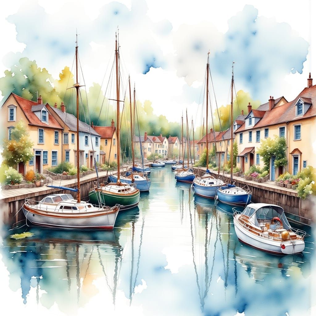 Watercolor Harbor Town in Antique Style