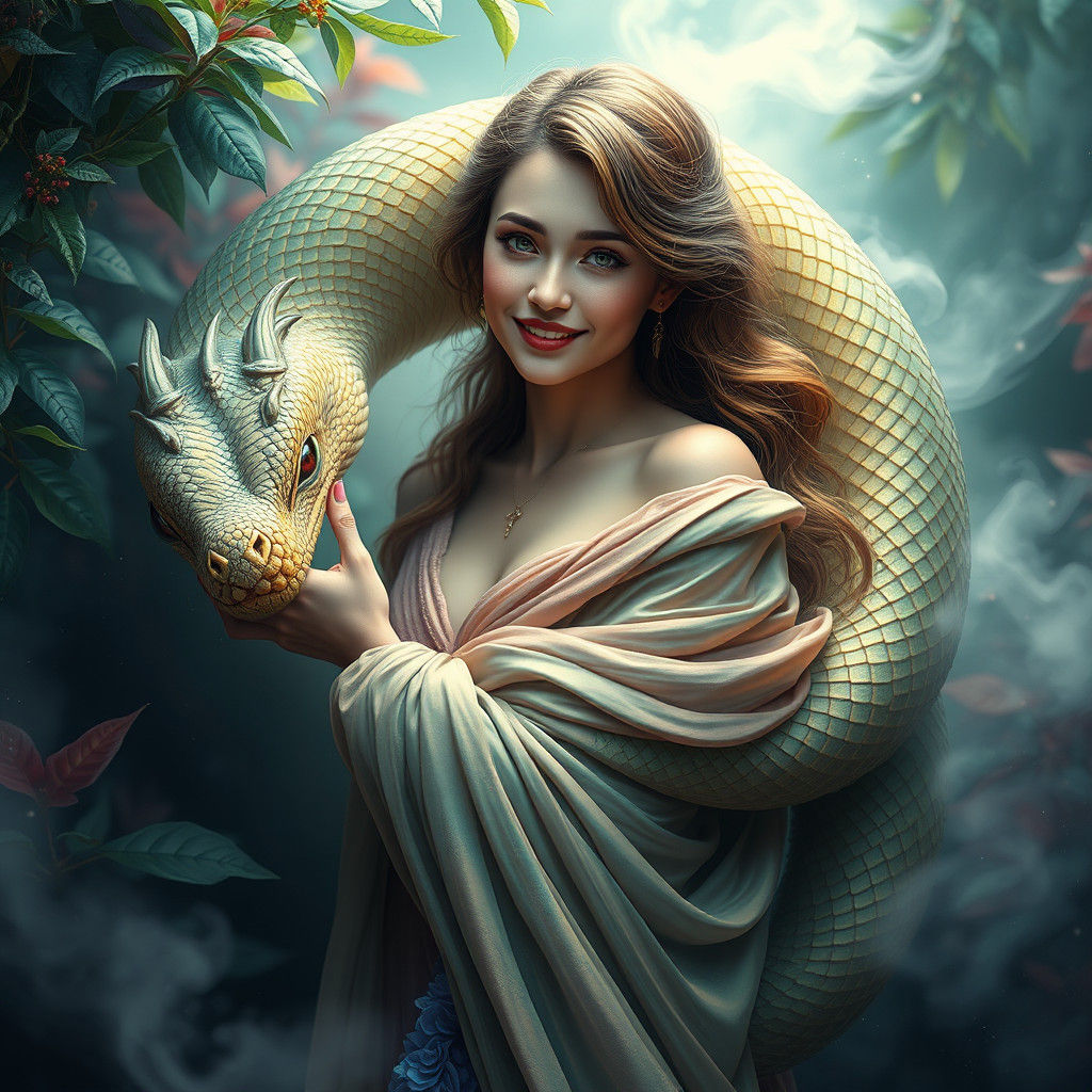 Woman Entwined by Serpent in Dreamlike Foliage