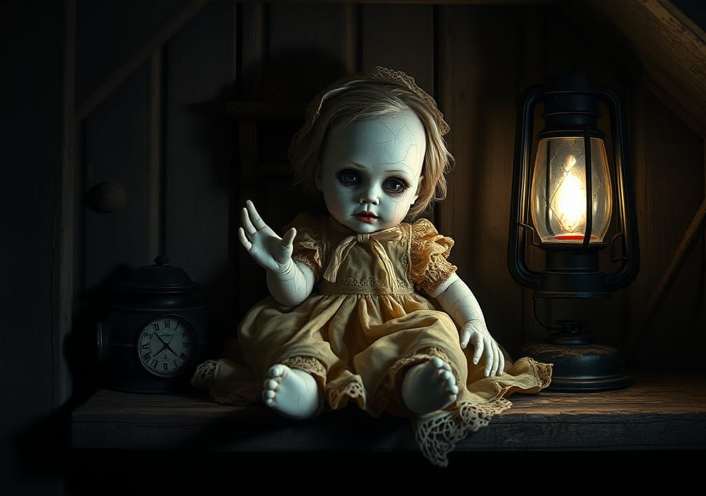 Eerie Porcelain Doll in Abandoned Attic: Dark Fantasy