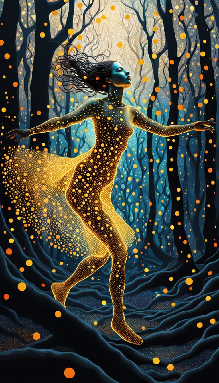 Ethereal Goddess Rises from Dark Forest in Vibrant Bio Art