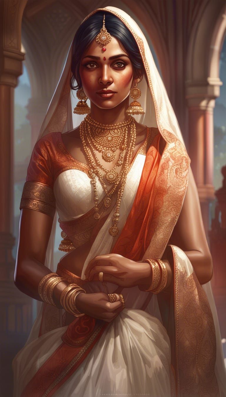 Indian Bride Portrait in Traditional Dress, Detailed Art