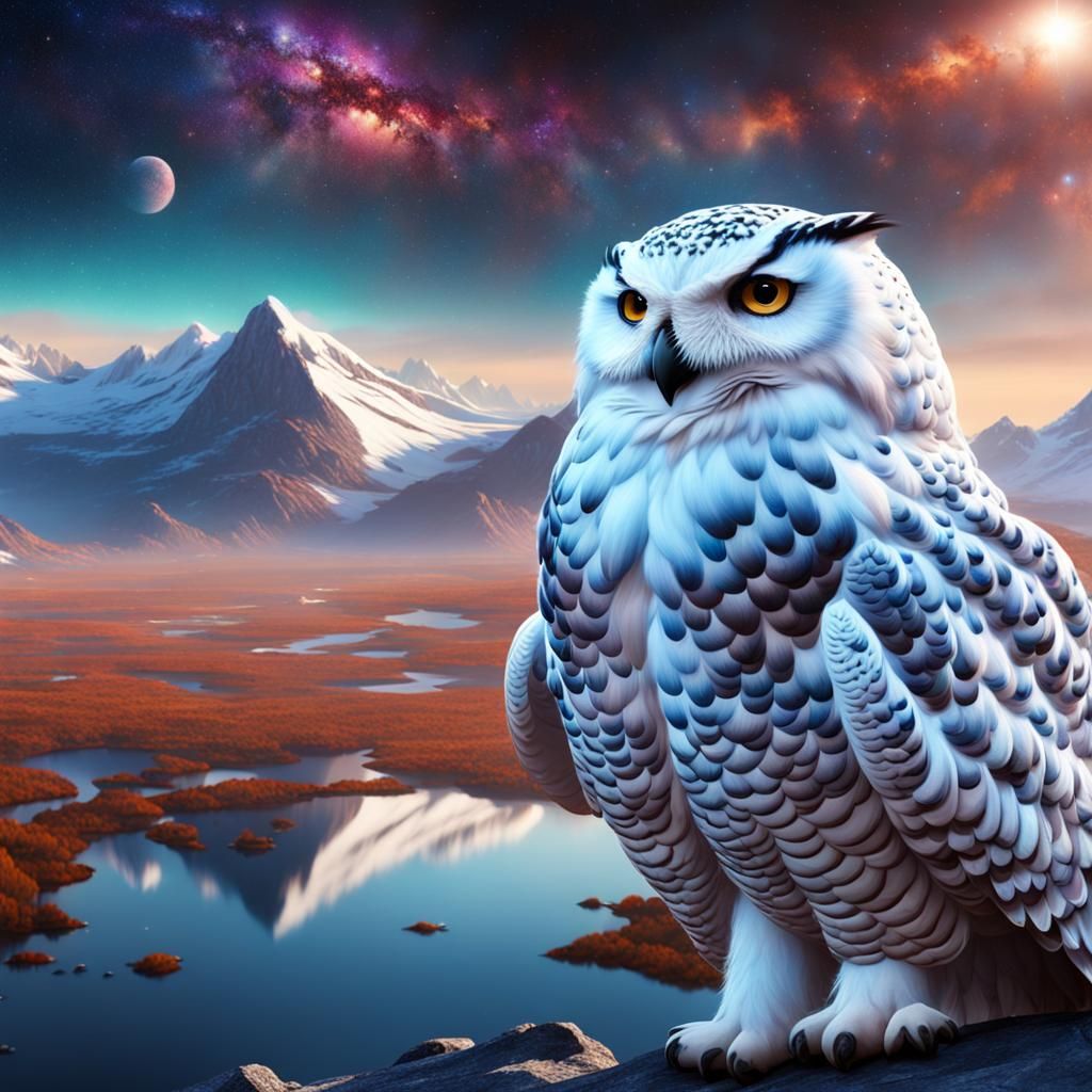 Snowy Owl Soaring Through a Galactic Landscape