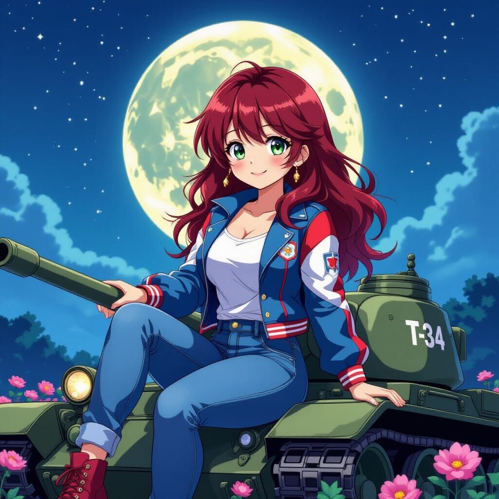 Anime Woman on Tank Under Vibrant Moonlit Sky