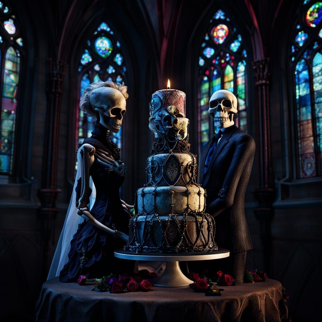 Gothic Wedding Cake Featuring Skeletons in Church