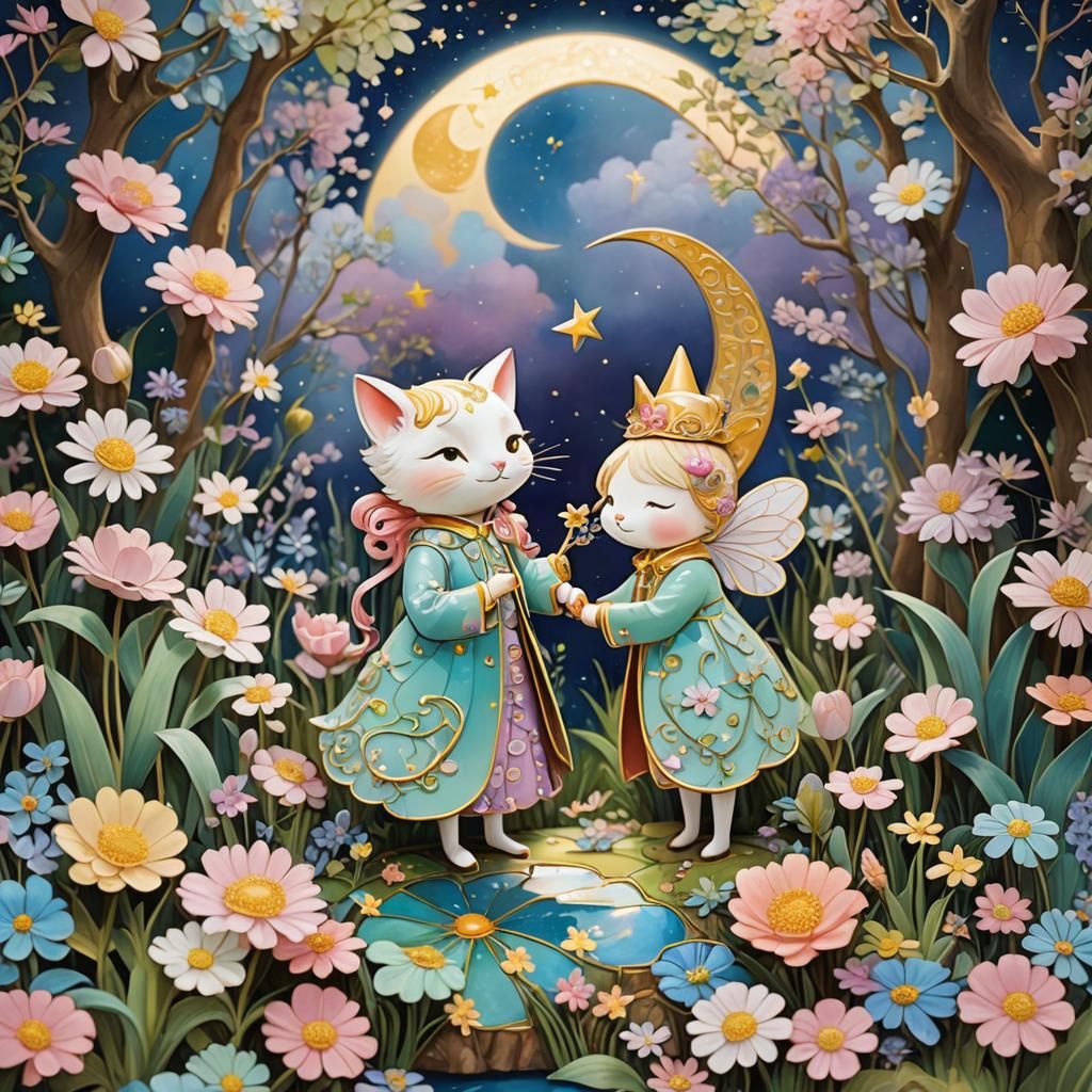 Dreamlike Dance of Pastel Characters Under Cloisonné Moon