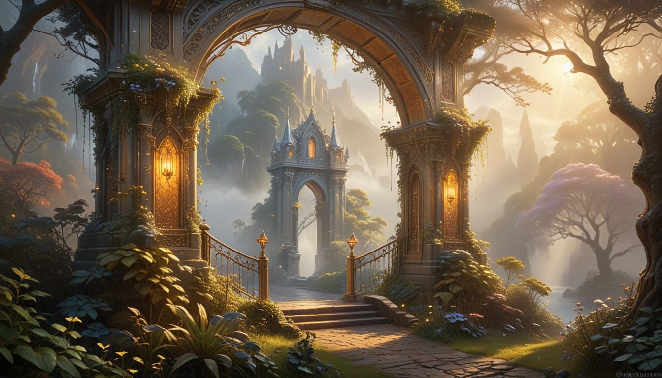 Golden Gate to an Elven Realm in Dreamy Light