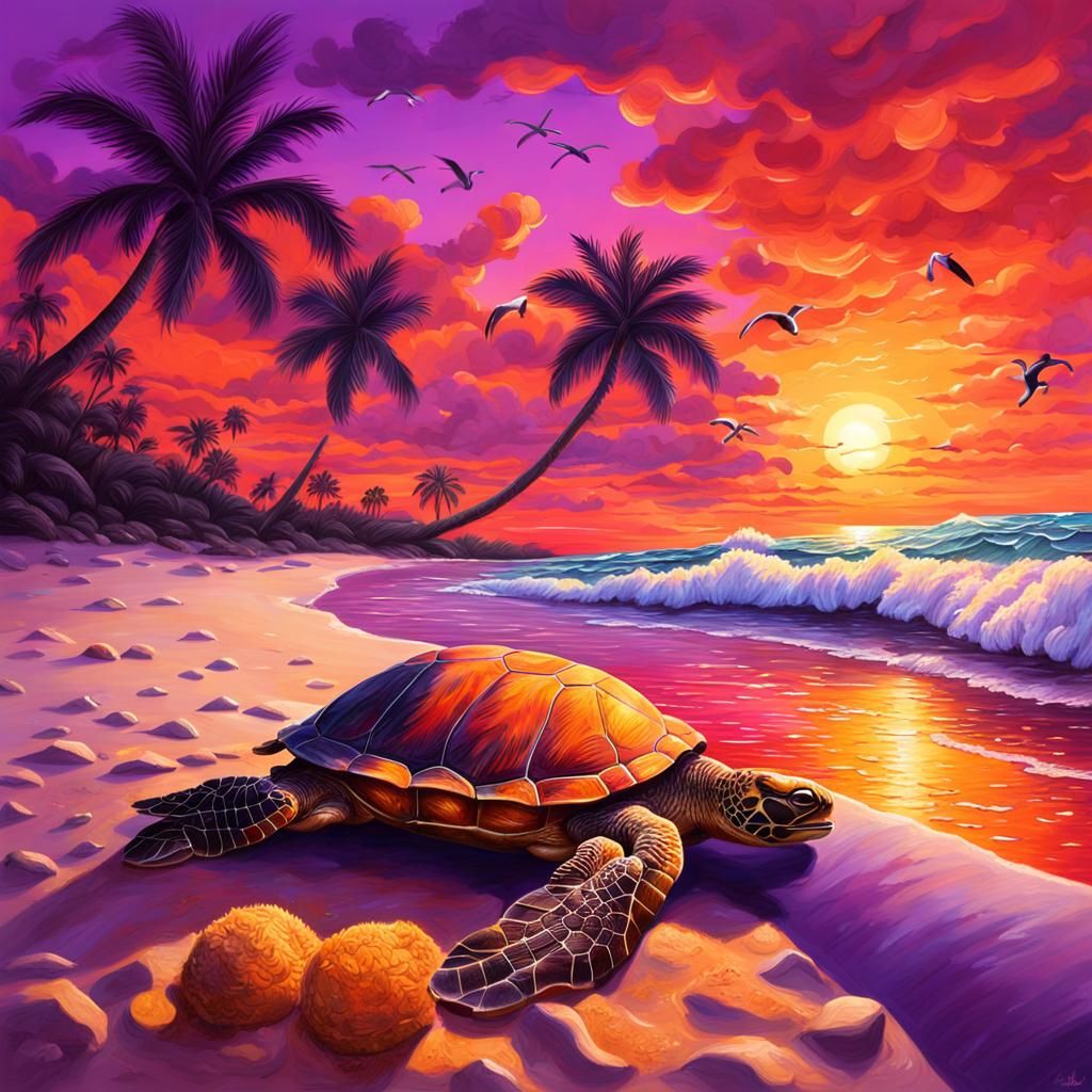 Hyperrealistic Beach Sunset with Baby Turtles