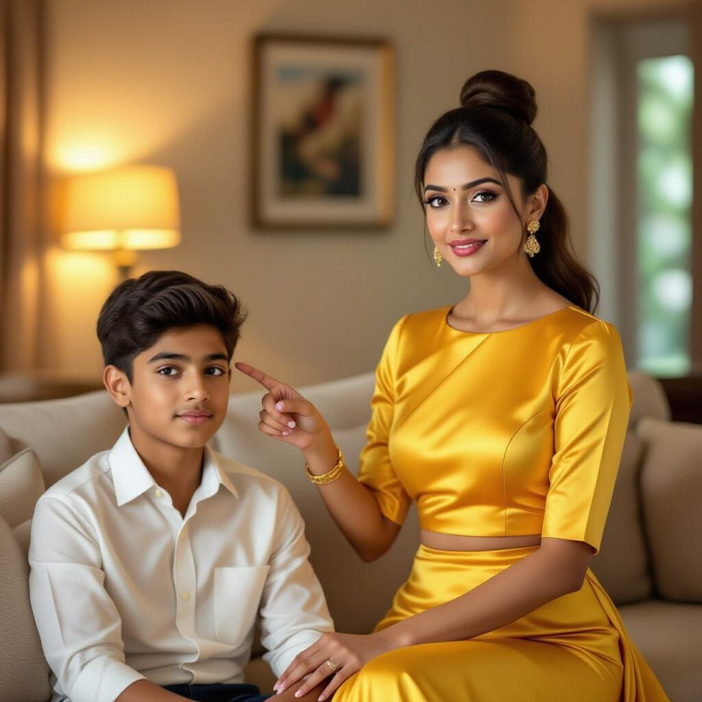 Indian Woman in Yellow Next to Sofa, Photorealistic Style