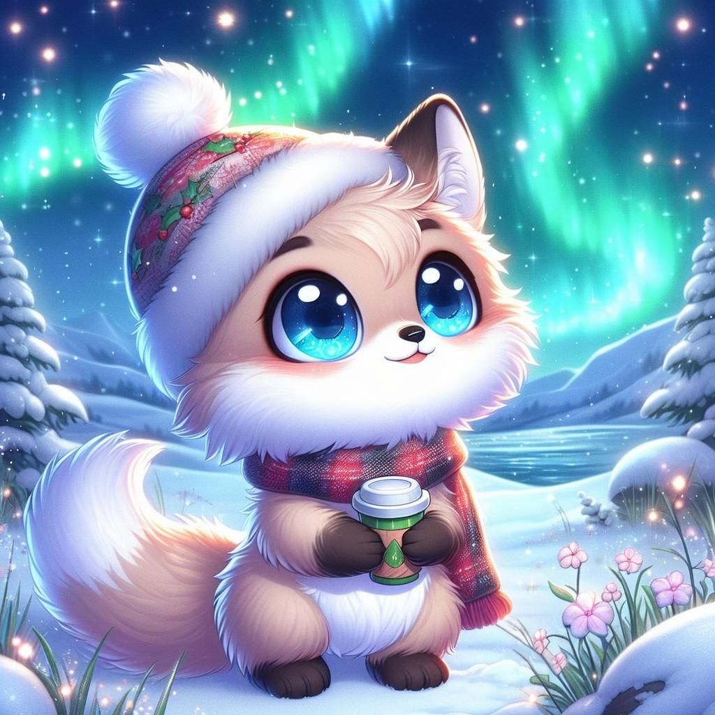 Chibi Fox Gazing at Aurora Borealis Illustration
