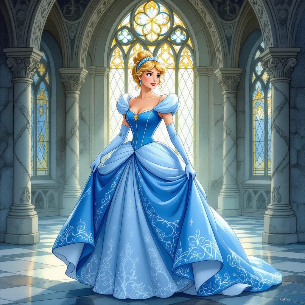 Cinderella in a Fairy Tale Castle Illustration