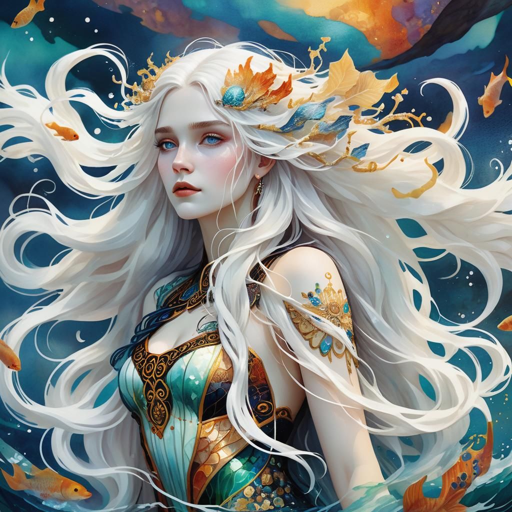 Siren in Klimt-Inspired Watercolor Illustration