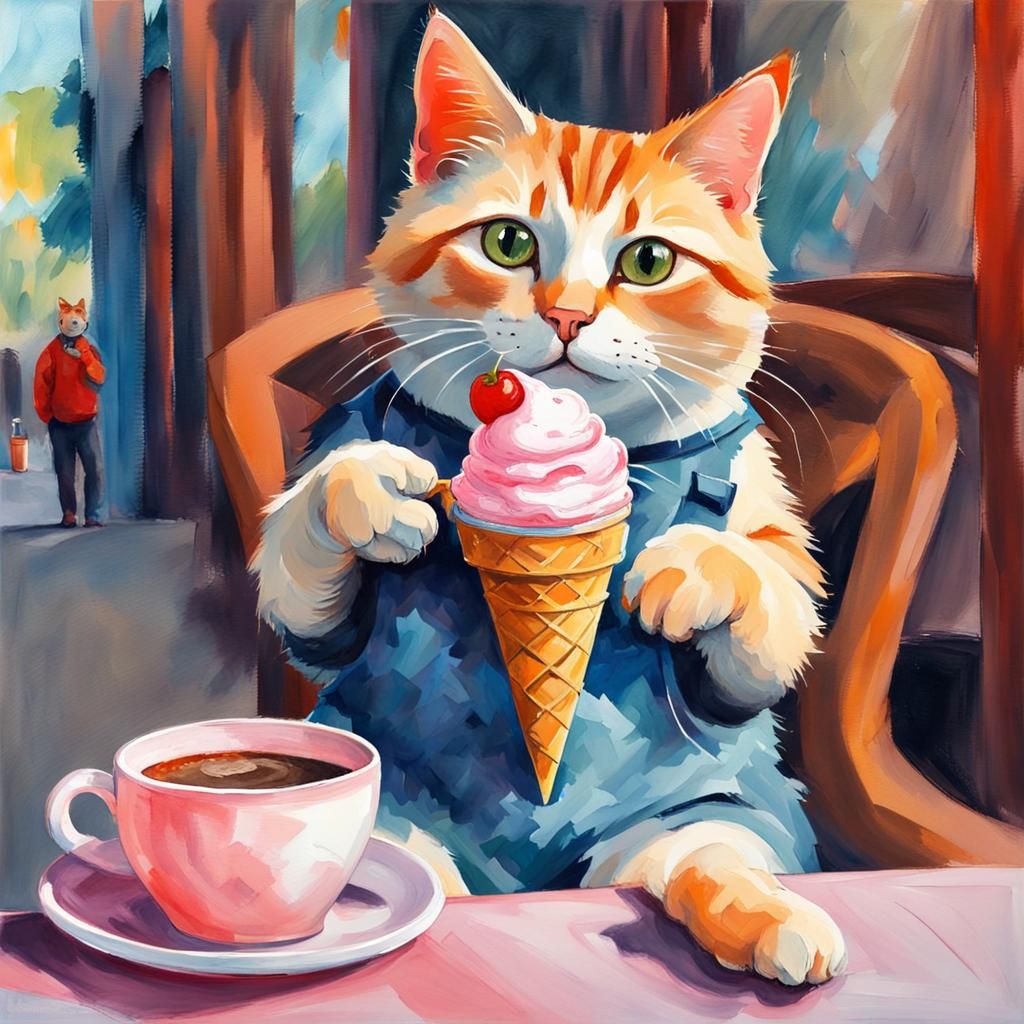 Cute Cat with Coffee and Ice Cream in Gouache Style